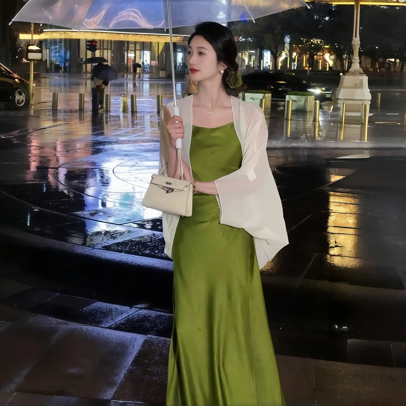 绿色吊带连衣裙2025夏新款新中式国风复古套装收腰显瘦气质长裙