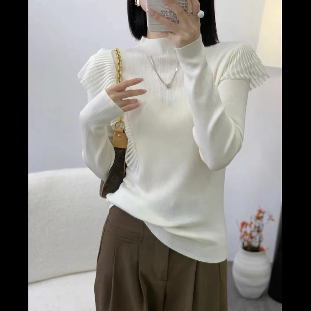 2025南油秋冬新款荷叶花边拼接设计感细羊毛打底显瘦内搭上衣女款