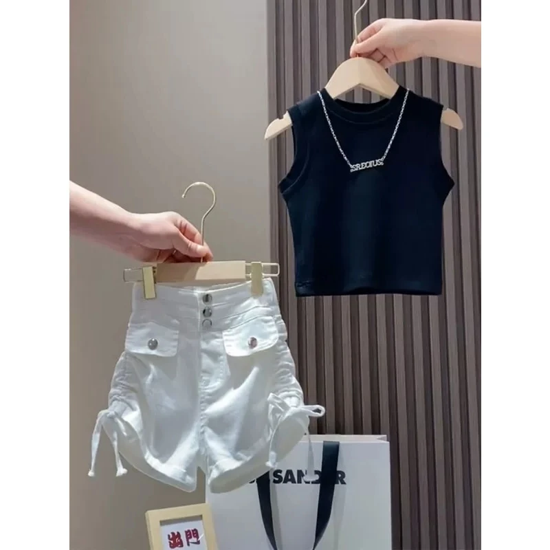 女童夏装套装2025新款洋气韩版儿童夏季背心女孩大童短裤两件套潮