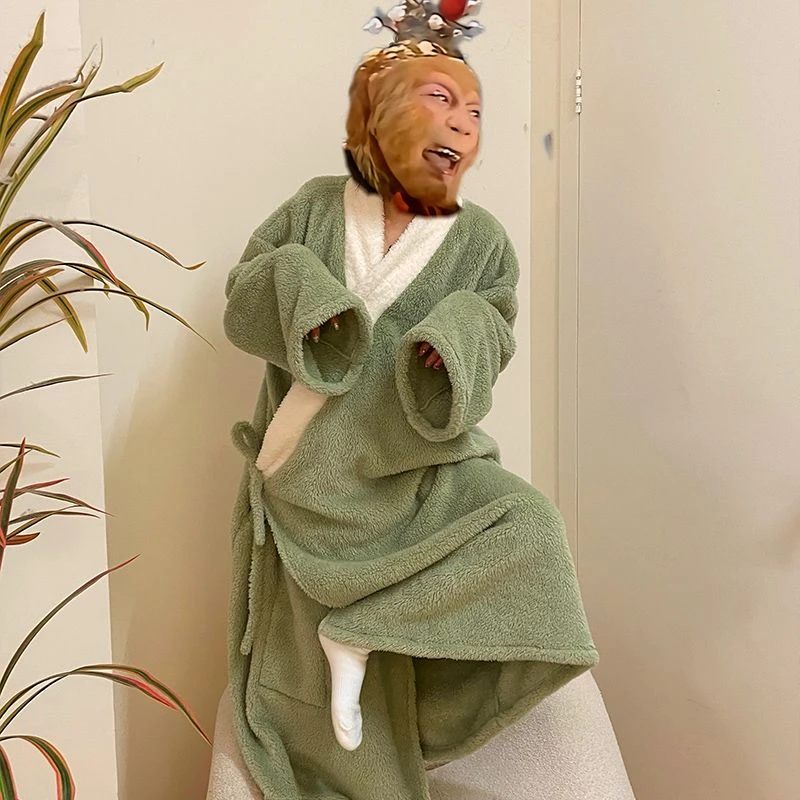 孙悟空猴哥同款睡袍女秋冬季加厚珊瑚绒搞怪马喽绿色睡衣情侣冬天