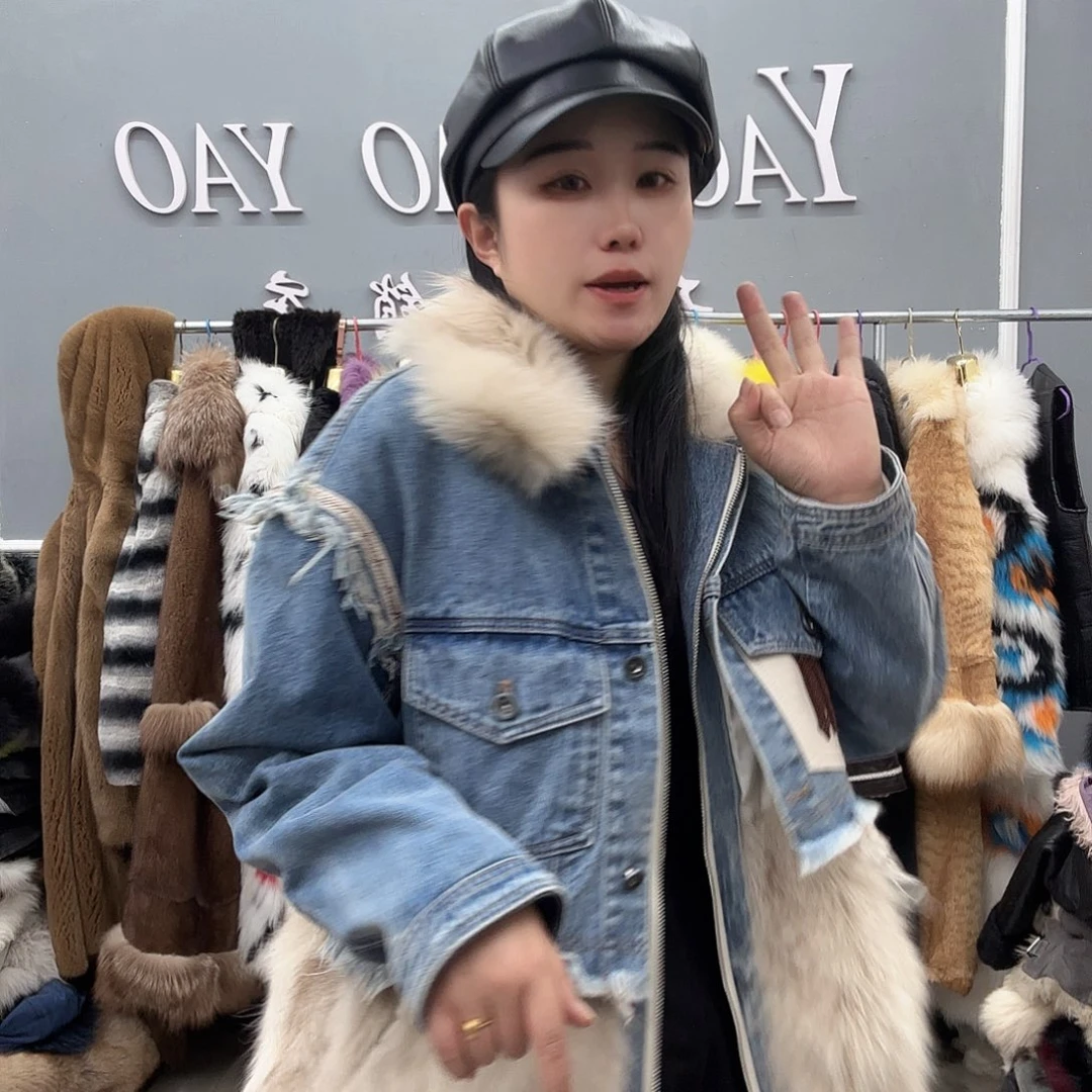 狐狸毛牛仔外套女