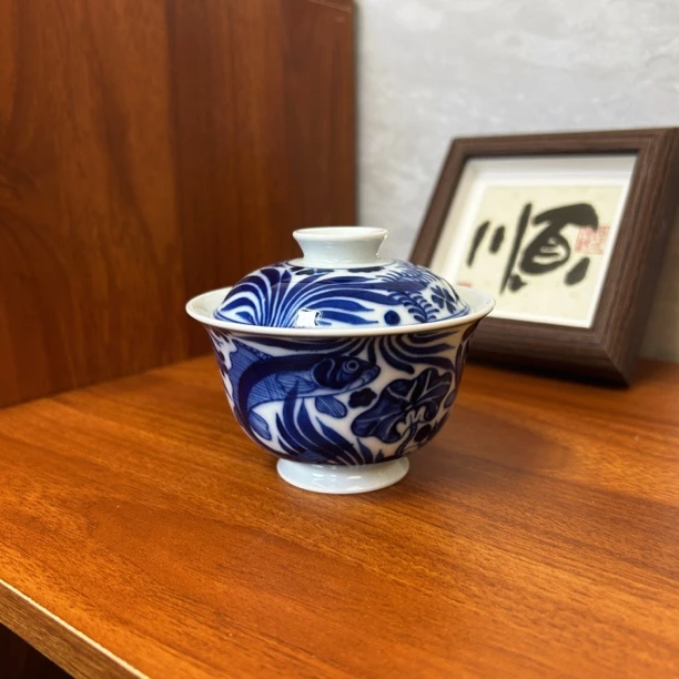 Q087[青岚]景德镇手工手绘仿元鱼藻盖碗—120ml
