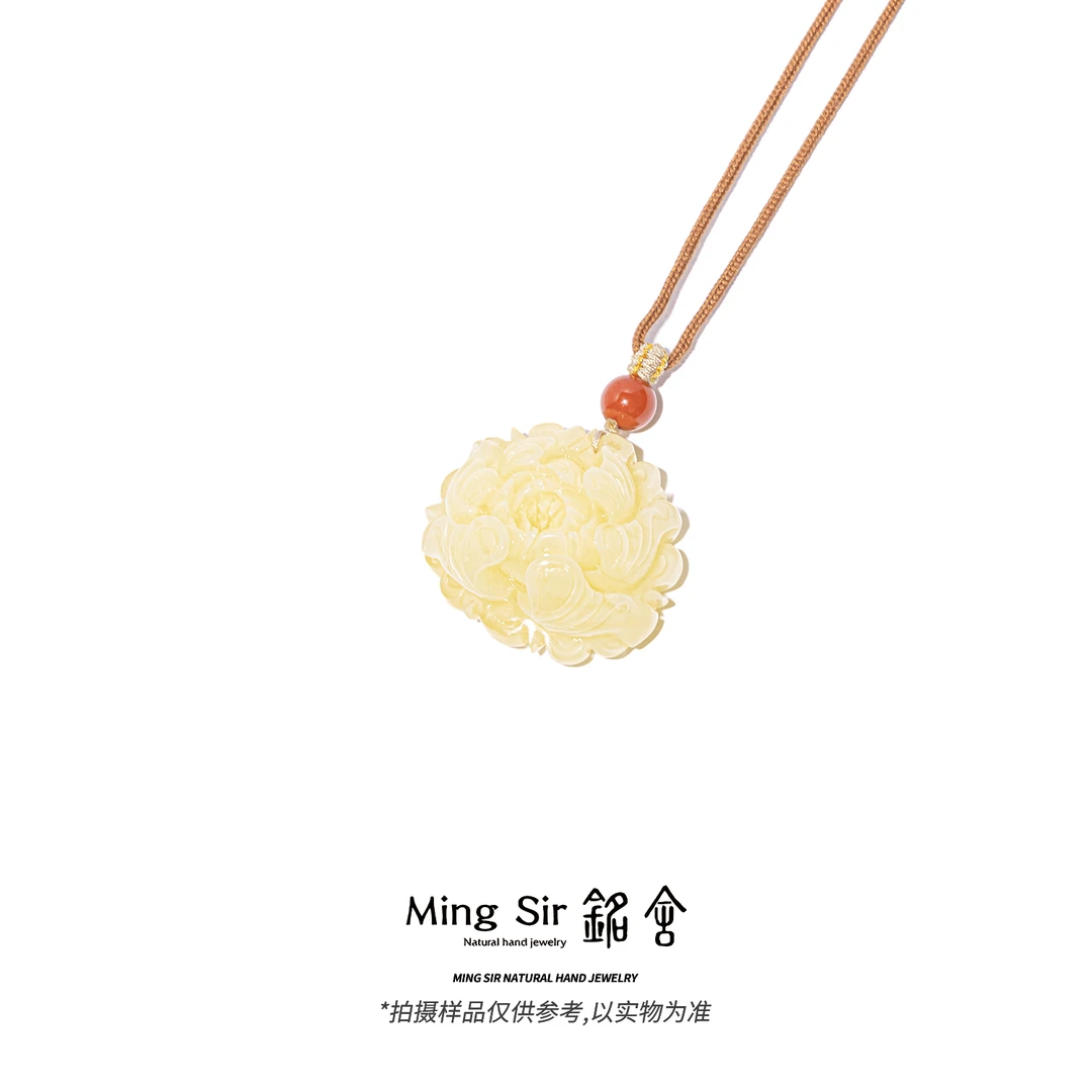 【铭舍 乌料牡丹花浓花高】大克重牡丹花雕刻吊坠珠宝蜜蜡原矿原石