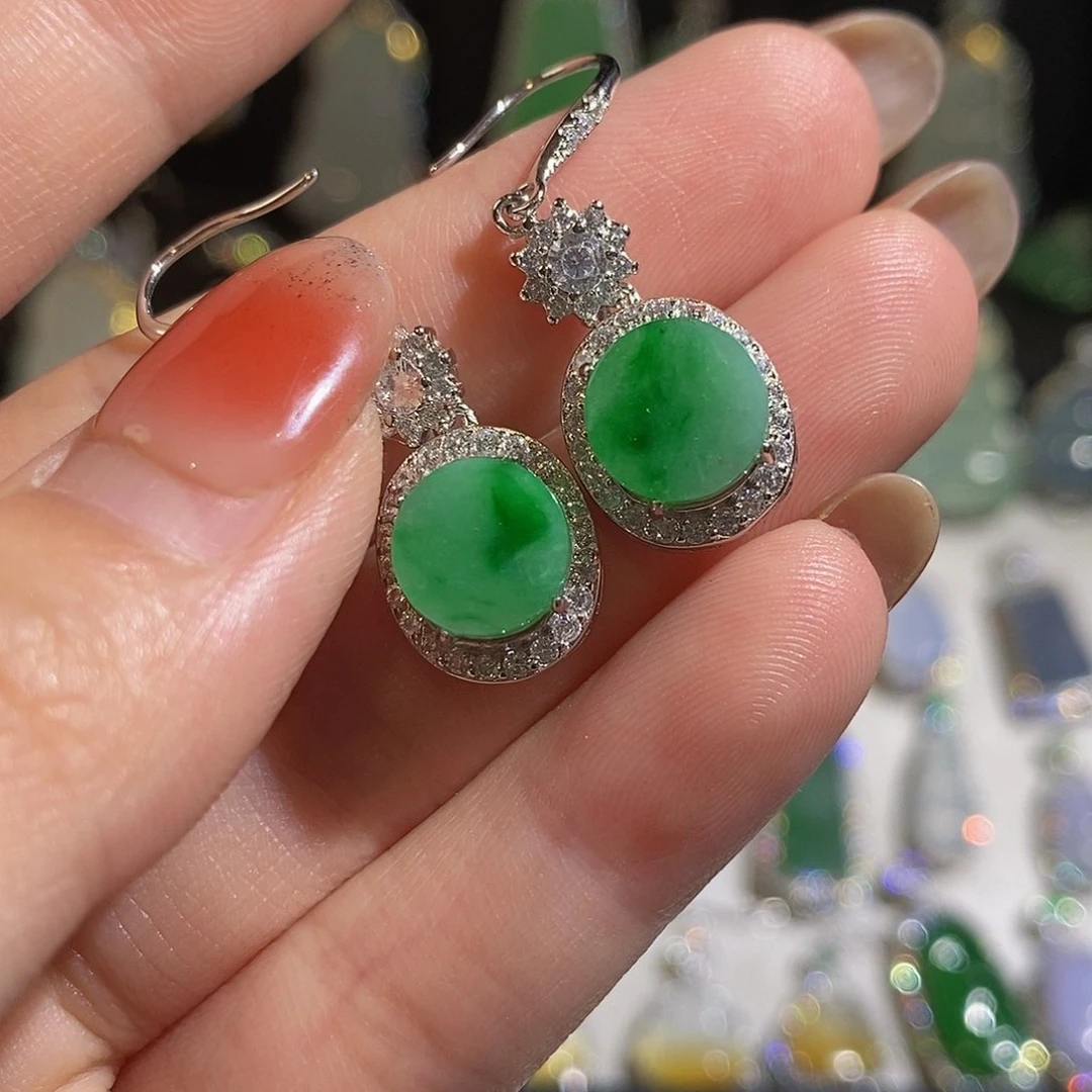 翡翠耳饰银S925镶嵌天然翡翠