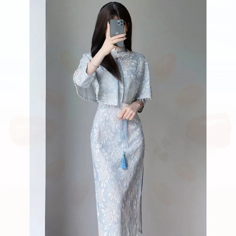 蓝色蕾丝旗袍带斗篷外搭2024秋季新款复古民国风年轻款少女连衣裙