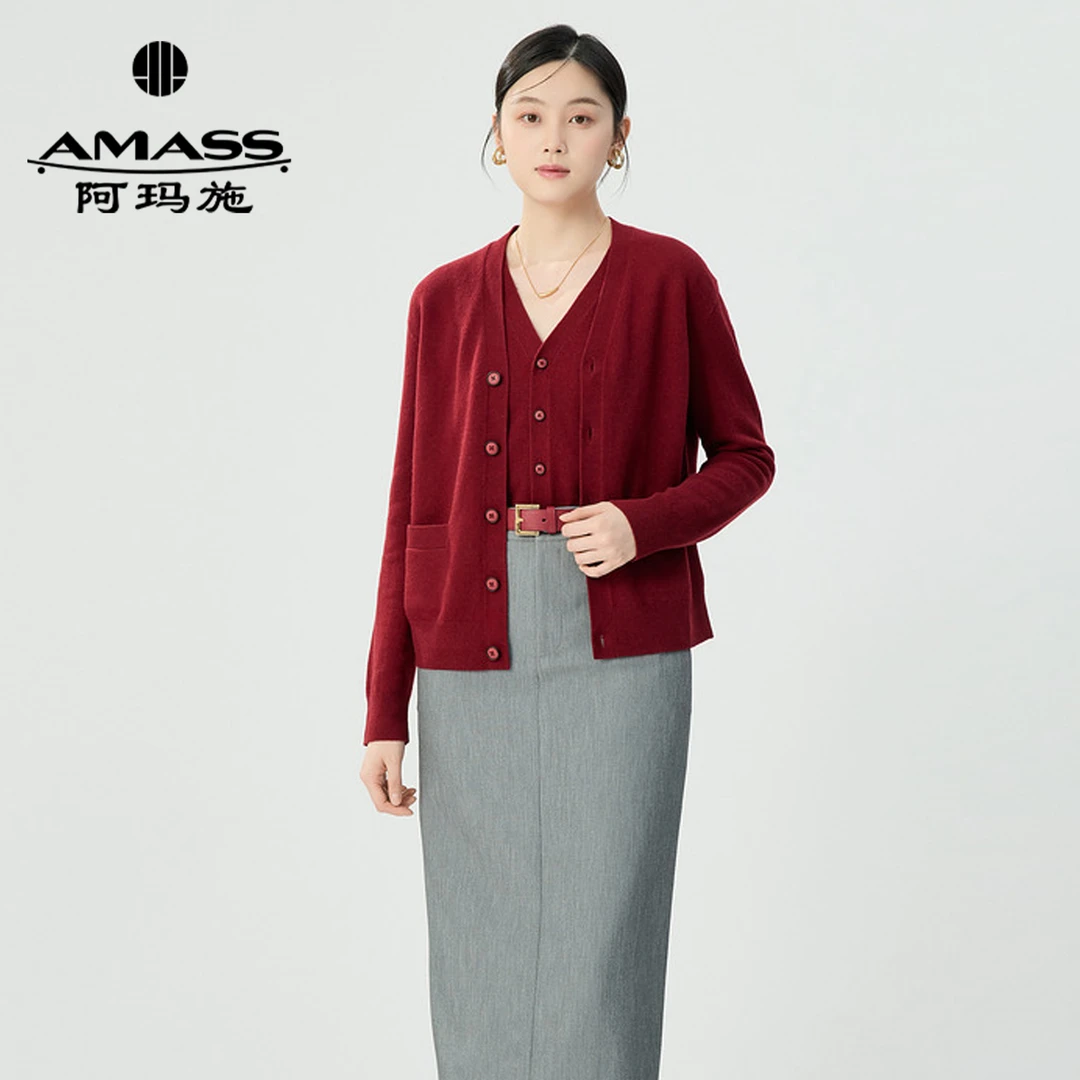 AMASS/阿玛施秋季新款奢雅时尚质感垂坠V领棉羊毛针织开衫5499268