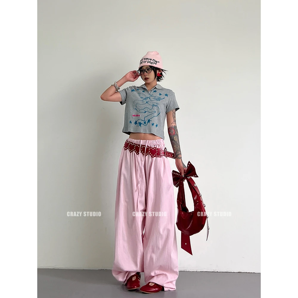 日杂风休闲百搭粉色抽绳松紧腰抽褶宽松薄款哈伦气球裤女