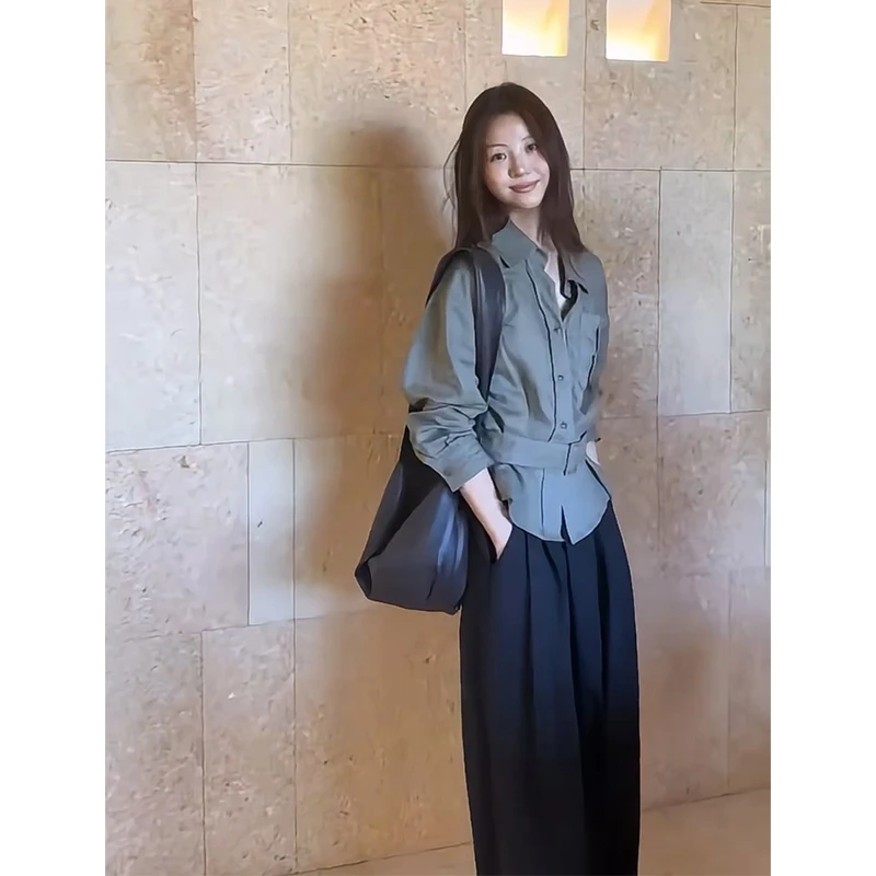 2025早秋新款法式气质修身翻领百搭衬衫上衣气质高腰显瘦阔腿长裤