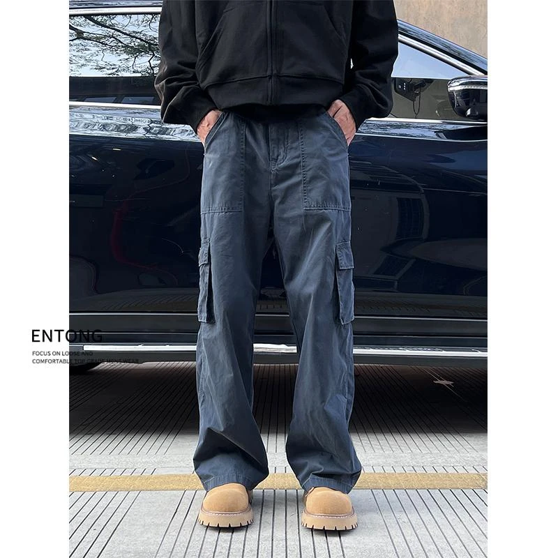 Entong复古藏蓝色水洗工装裤男大口袋美式高街百搭宽松伐木牛仔裤