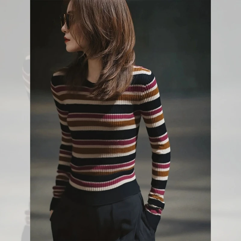 法式撞色条纹圆领针织衫女秋冬季洋气减龄气质修身显瘦打底衫上衣