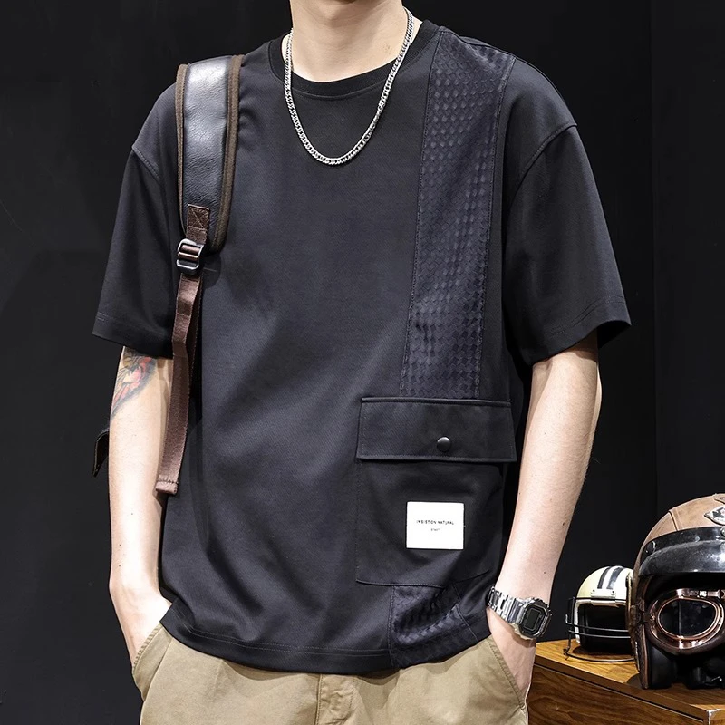 莱赛尔天丝薄款短袖t恤男潮牌加大大码夏季2025新款高端拼色口袋