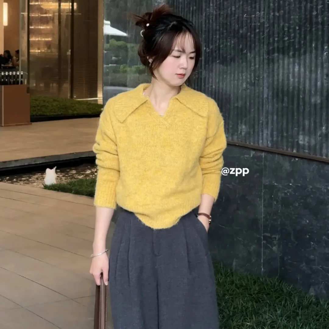 PP~港风芝士黄polo领套头短版针织毛衣女气质百搭宽松上衣