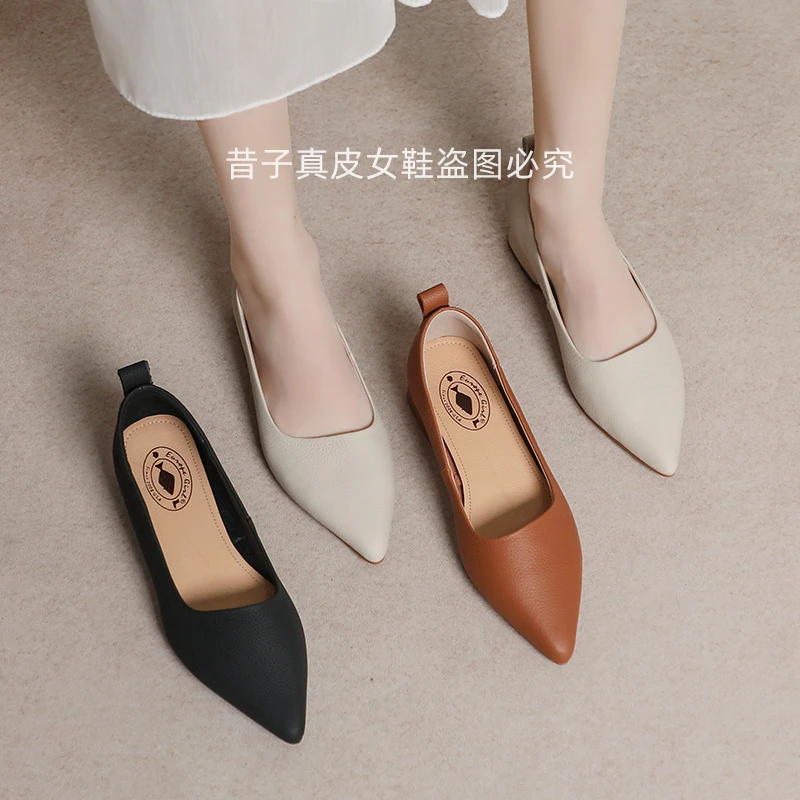 昔子2251-1头层牛皮单鞋春秋软底浅口低跟韩版舒适粗跟尖头平底鞋