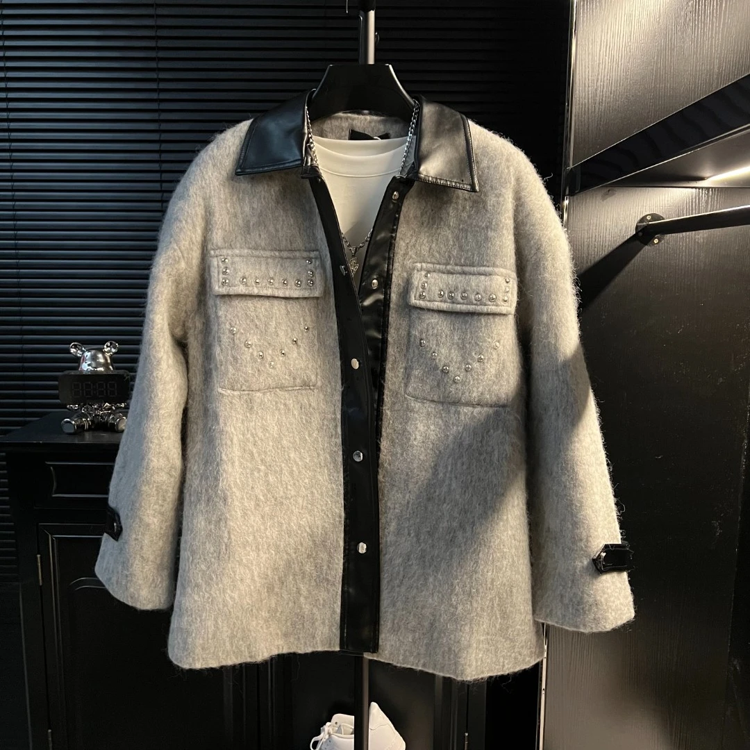 dan-秋冬羊毛呢拼pu皮夹克撞色金属铆钉装饰设计感秋冬宽松外套