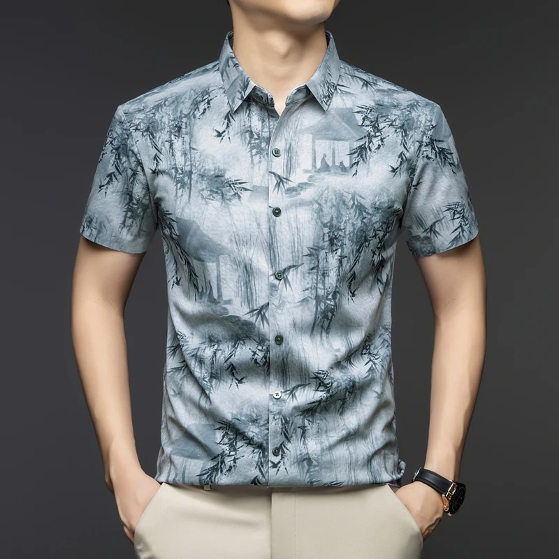 夏季男士时尚休闲百搭短袖衬衫高档无痕高弹力免烫抗皱薄款男衬衣