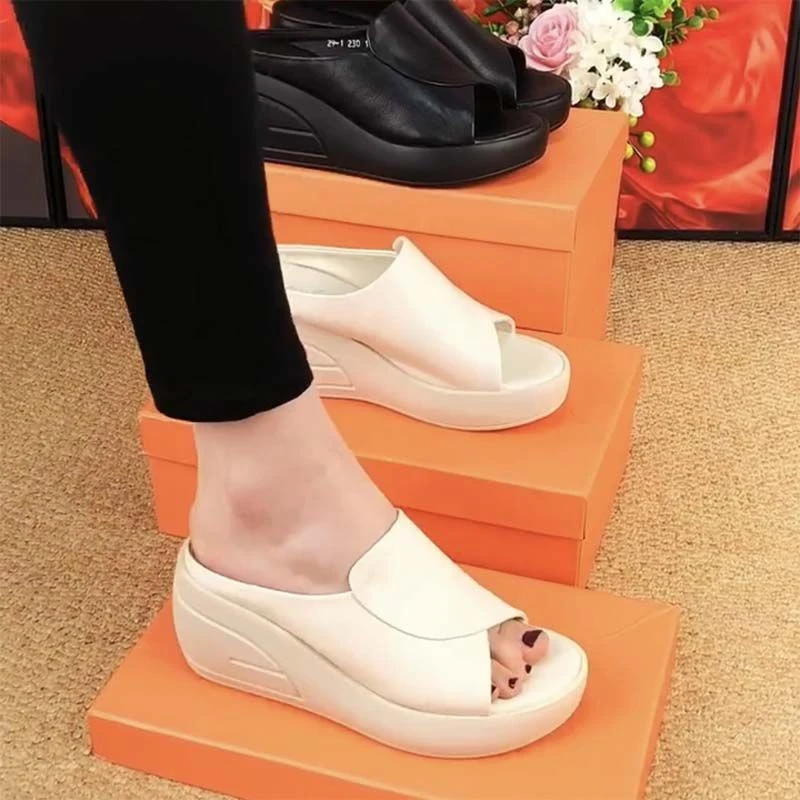 真皮增高坡跟半拖鞋女外穿2024年夏季新款时尚百搭松糕厚底凉拖鞋