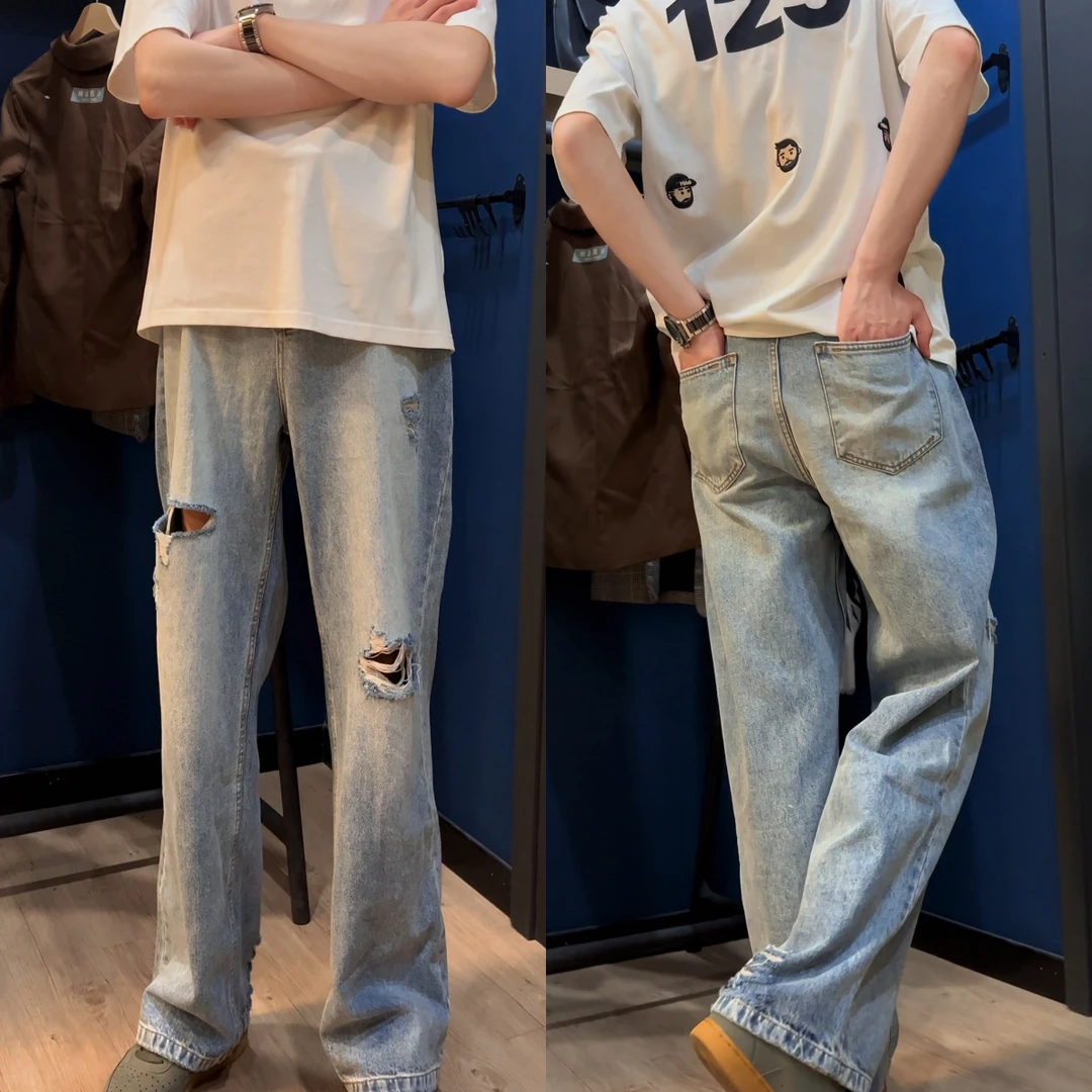 高品质男士夏季百搭透气休闲时尚复古破洞直筒裤宽松痞帅休闲裤