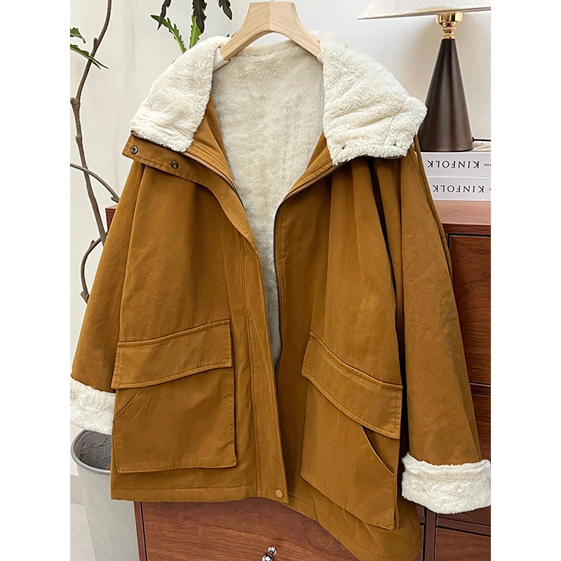 【851】加绒加厚连帽棉服女宽松保暖毛毛工装外套派克服冬款棉衣
