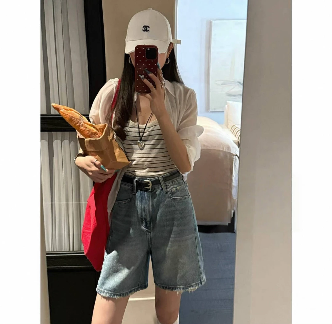 薄款夏季四分裤高腰牛仔裤阔腿裤直筒韩版复古短裤