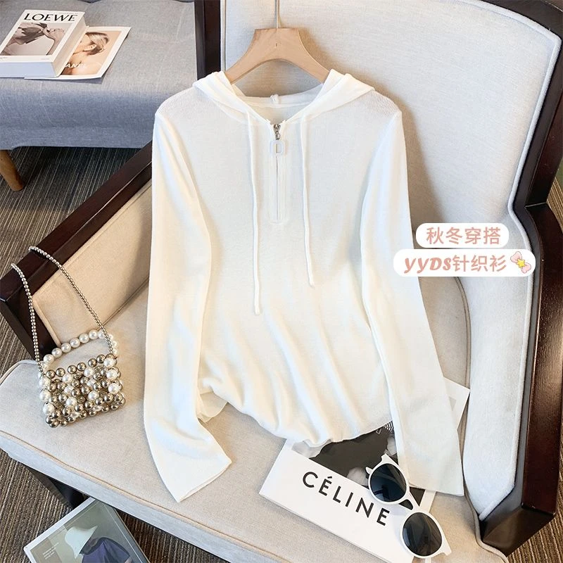 秋冬季套头连帽拉链长袖针织衫女内搭外穿气质纯色不规则打底毛衣