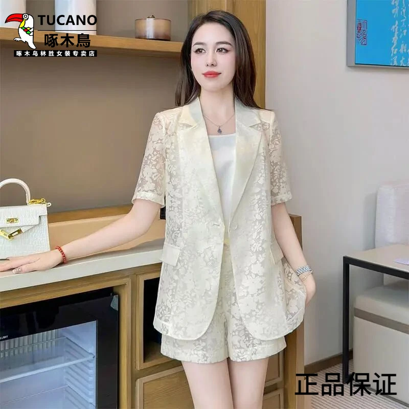 啄木鸟时尚西装短裤套装女2025夏季新款洋气质显瘦防晒西服薄款三