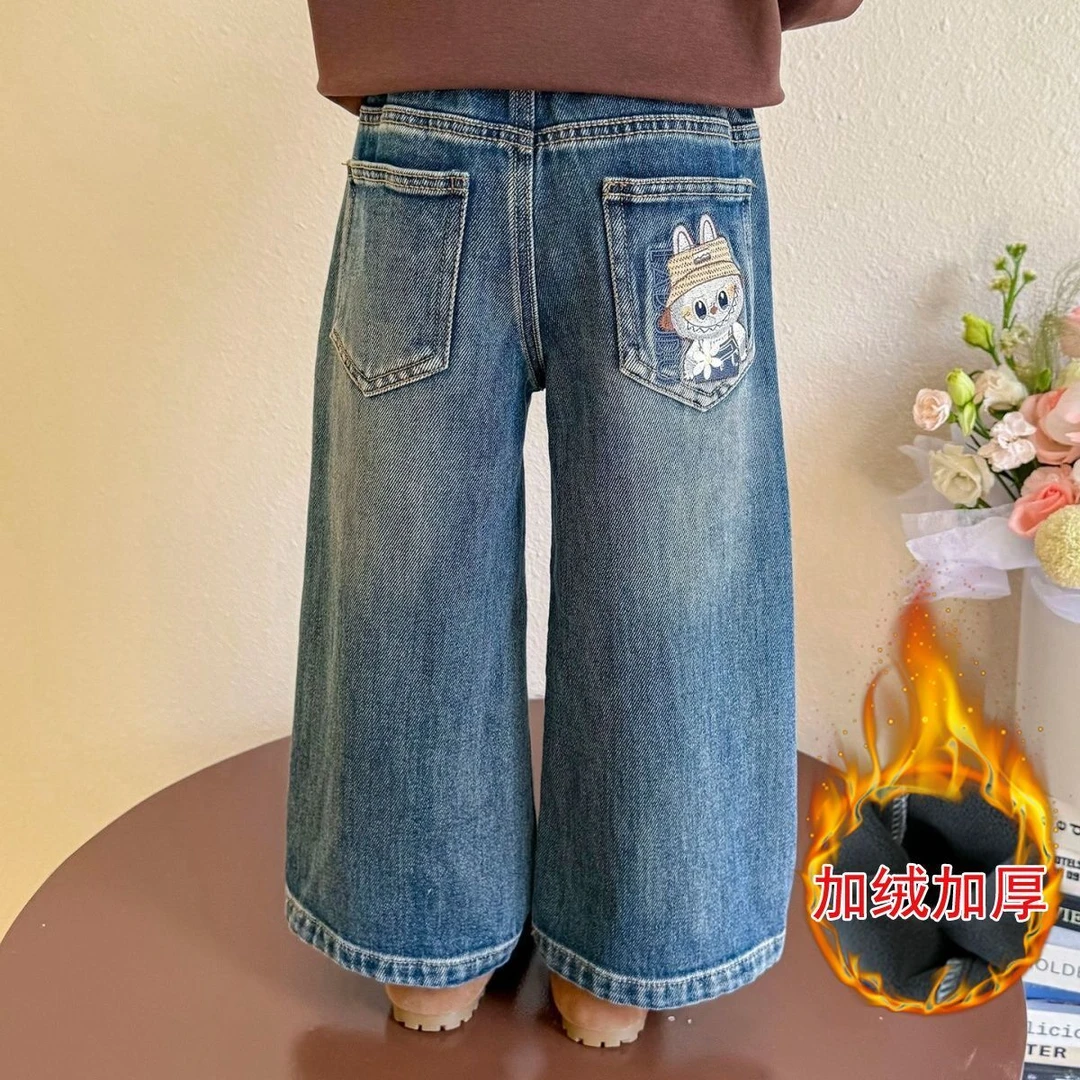 女童牛仔裤秋冬新款中小童秋季卡通休闲裤女宝宝冬季加绒加厚裤子