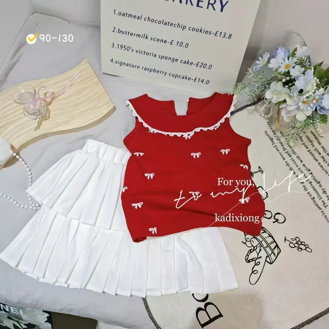 女童韩版套装2025夏季新款中小童红色蝴蝶结背心吊带蛋糕半身裙潮