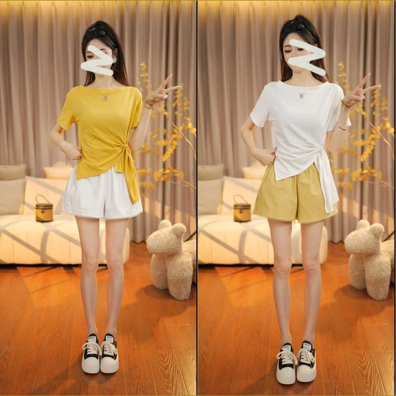 2025夏季款修身显瘦气质减龄不规则设计绑带短袖T恤上衣