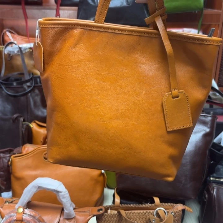 头层牛皮落日黄中号托特