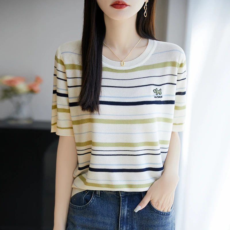 25夏季条纹刺绣莱赛尔天丝短袖T恤洋气时尚针织衫显瘦百搭上衣