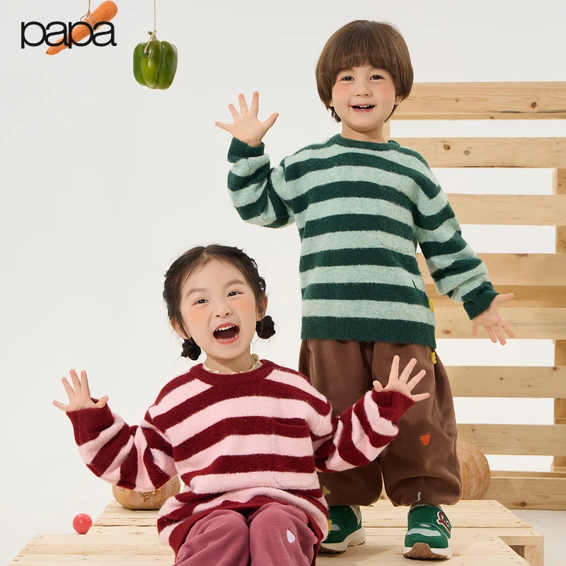 【条纹针织衫】papa爬爬新品男女童保暖磨毛条纹毛衣针织衫时尚