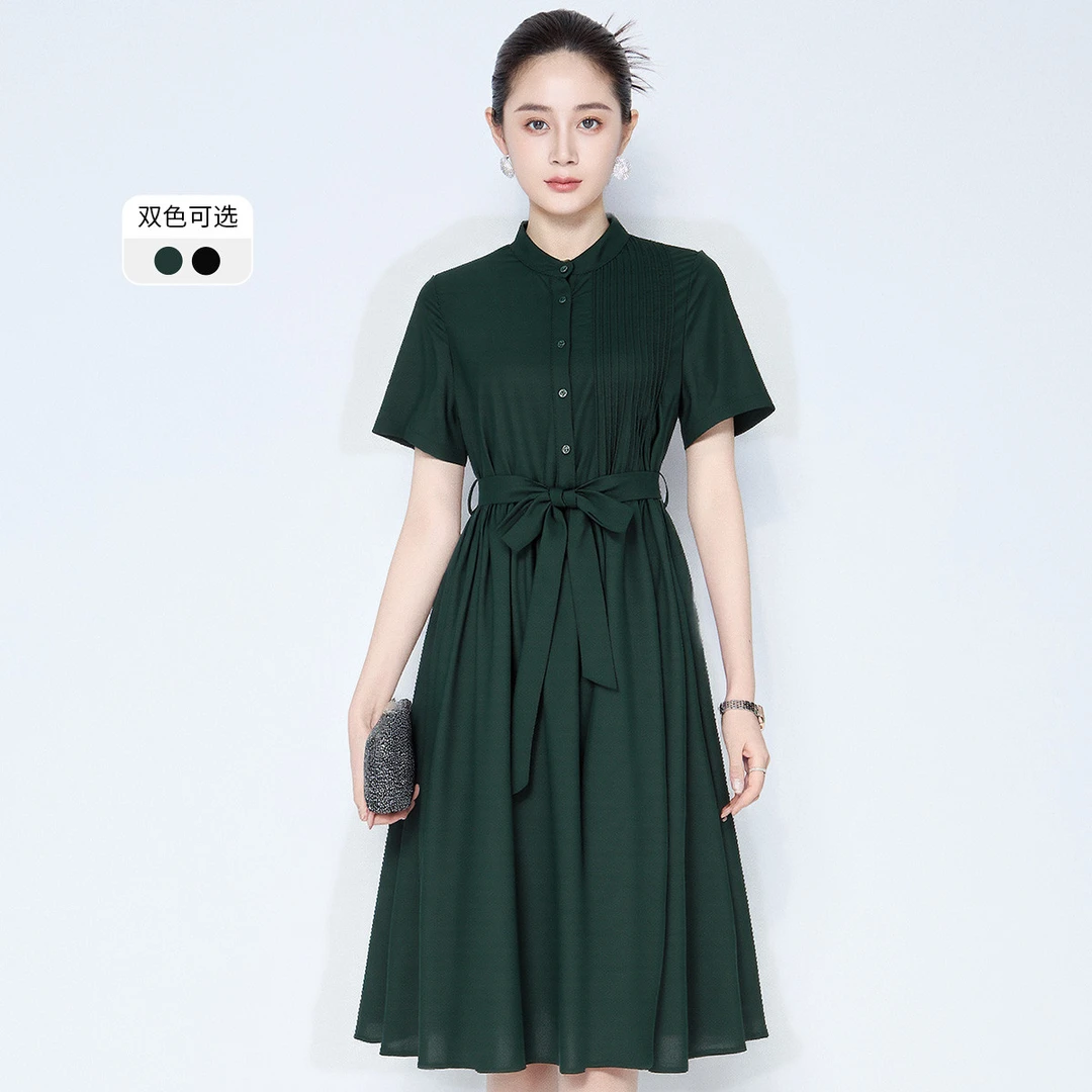 【粉丝专属】短袖前襟纽扣侧立体褶裥A字垂坠带连衣裙VHS907DRX0