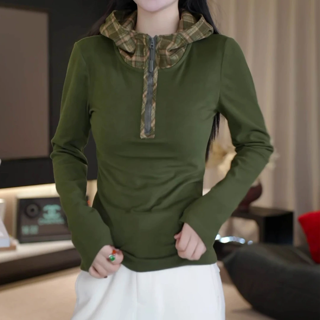 时尚撞色格纹双面绒连帽卫衣2025秋冬新款半拉链长袖显瘦保暖上衣