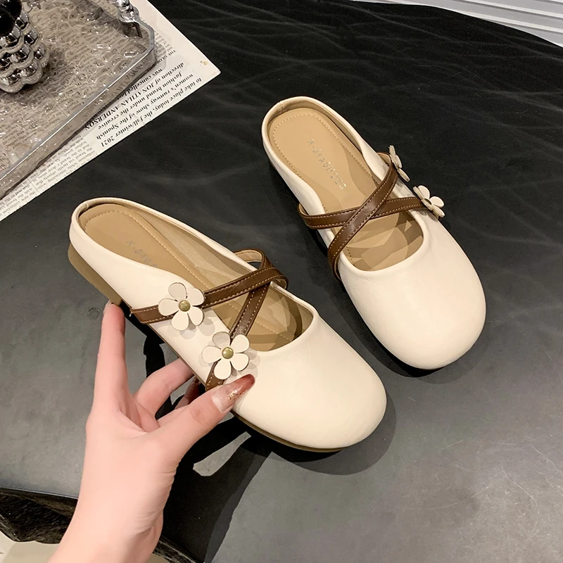 增高软底软皮包头女外穿春夏新款一脚蹬甜美平底凉拖勃肯女款拖