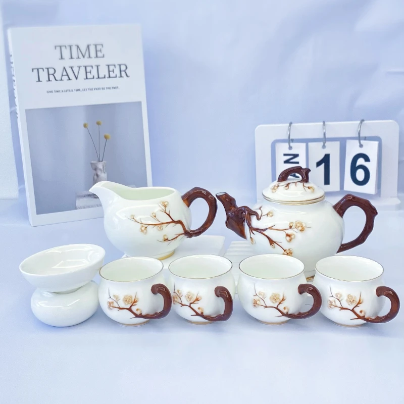 羊脂玉瓷手工浮雕梅花茶壶防烫釉下彩泡茶壶功夫茶具高档家用送礼