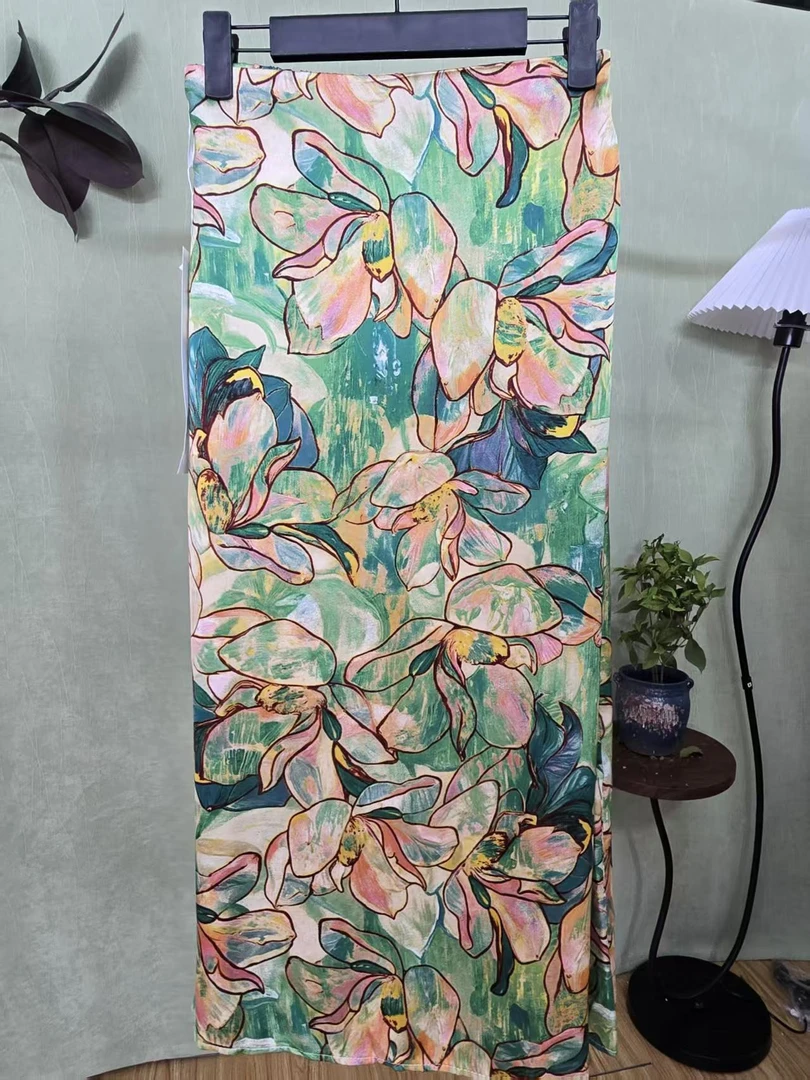 【锦瑟】【玲珑缎+里衬】06油画印花鱼尾裙半身裙女碎花开衩半身裙