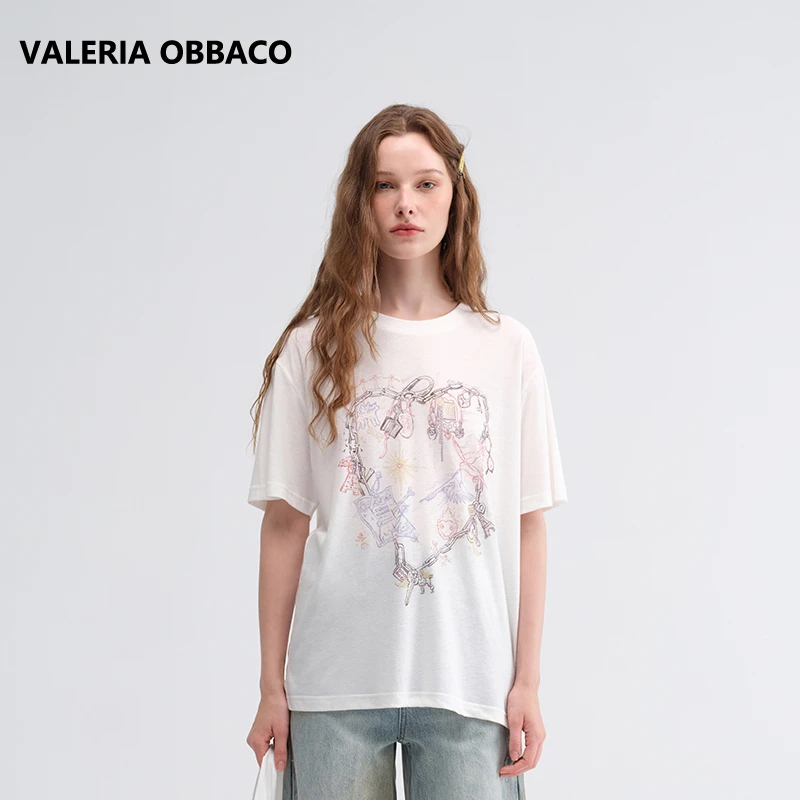 VALERIAOBBACO/瓦莱丽娅 奥贝科白色复古爱心涂鸦短袖