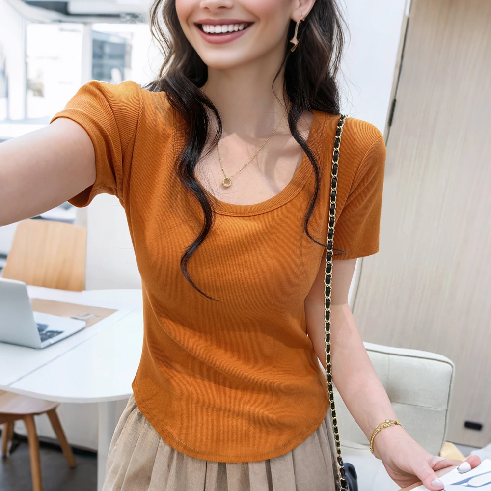 纯色U领短袖正肩简约螺纹棉T恤女夏季新款修身显瘦弧形下摆上衣
