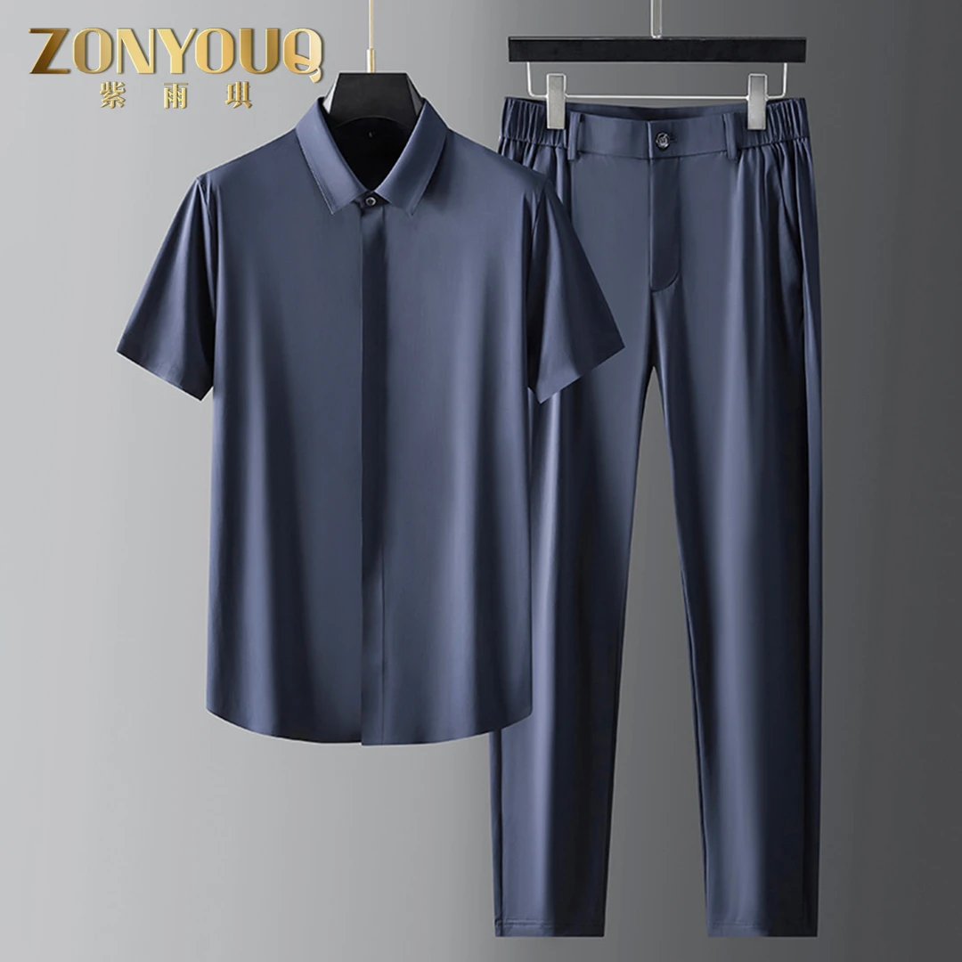 ZONYOUQ休闲套装男士夏薄款商务polo衫长裤组合短袖t恤裤子两件套