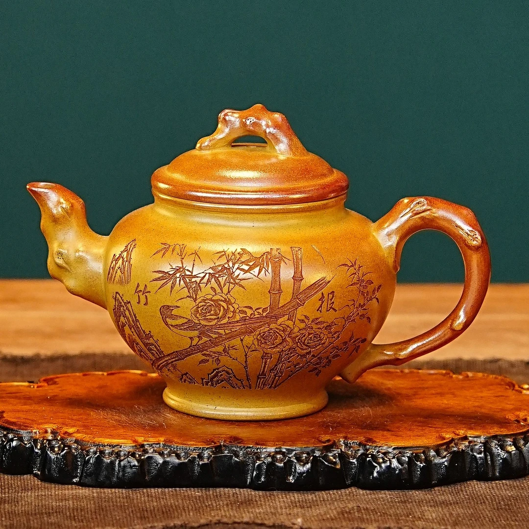 宜兴紫砂茶具 原矿段泥泥料刻绘竹报平安紫砂茶壶