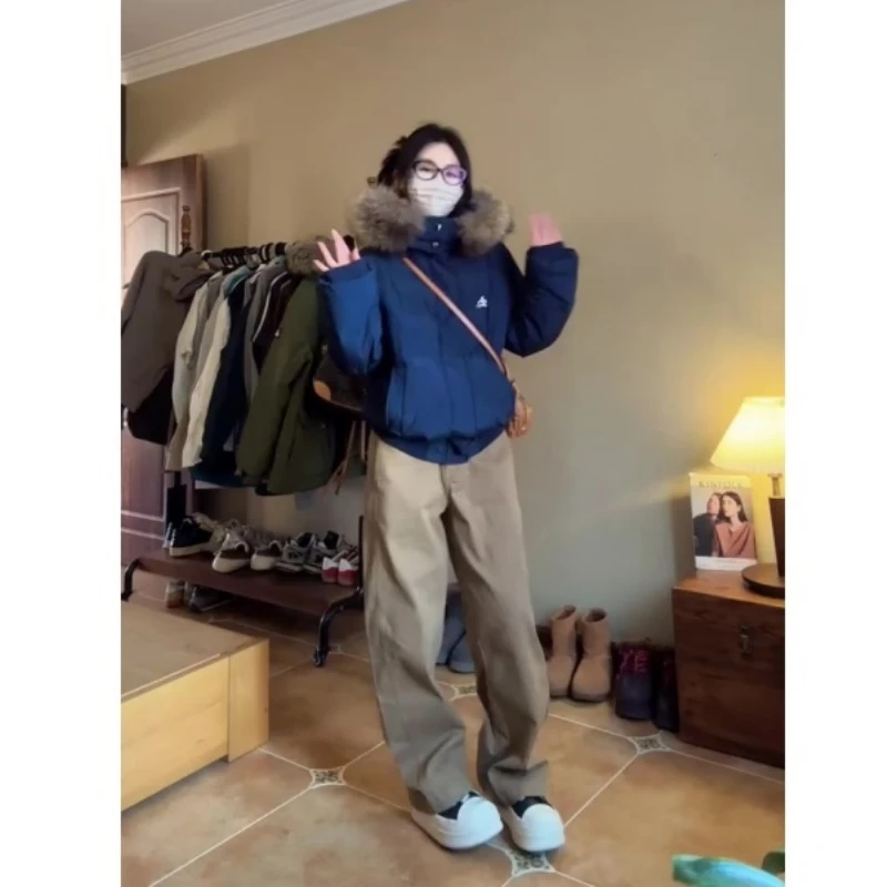 MARIE.COCO美式秋冬连帽毛领保暖棉服外套日系慵懒宽松直筒工装裤