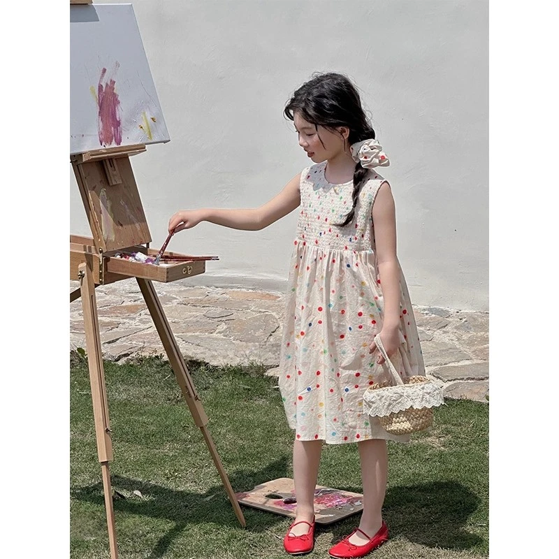 2025新款女童韩版彩色波点连衣裙中大童甜美风Q25036