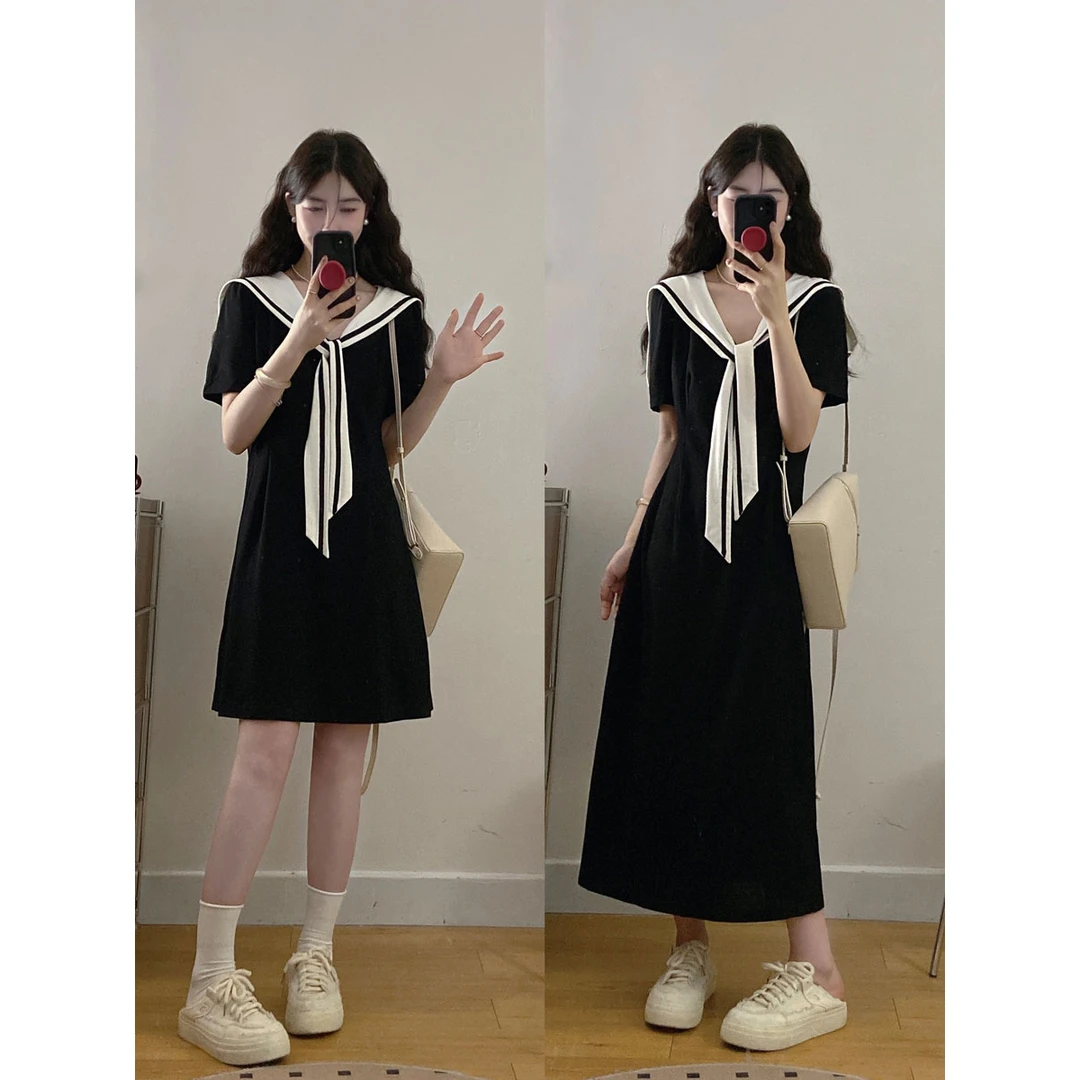 减龄款大码女装夏季韩系海军领学院风短袖连衣裙胖MM显瘦气质裙子