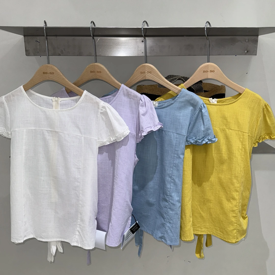 84057 韩系气质简约圆领系带收腰泡泡袖小衫