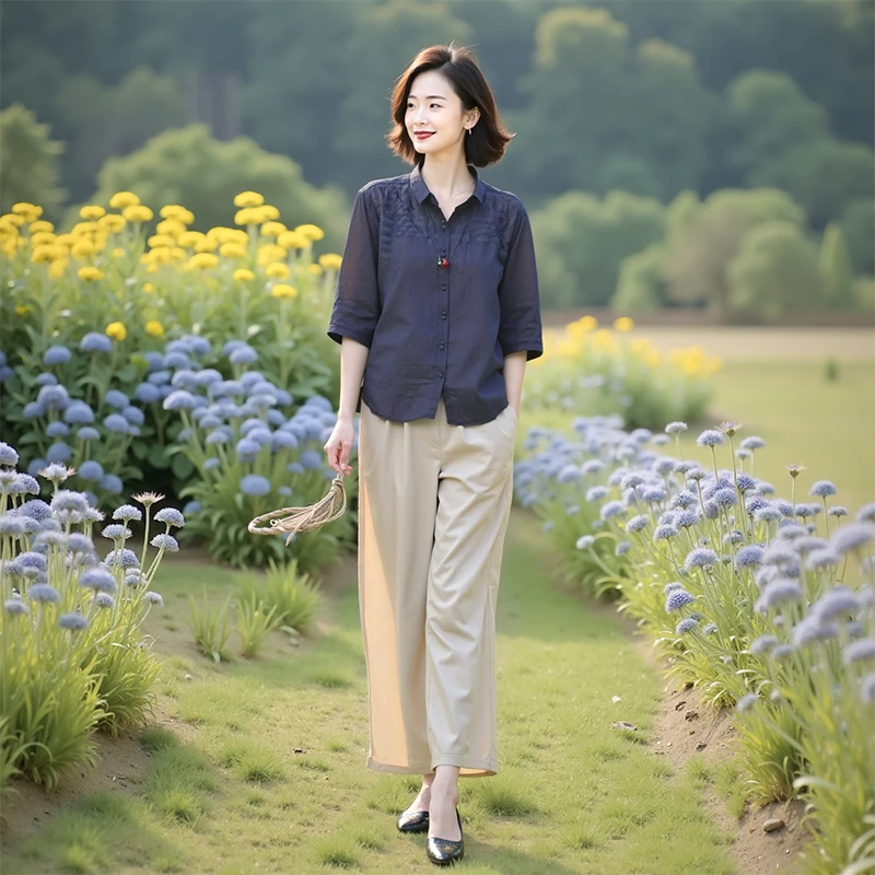 HL#【单/套装】小翻领短袖刺绣女式双扣文艺衬衫夏季开衫DY5162