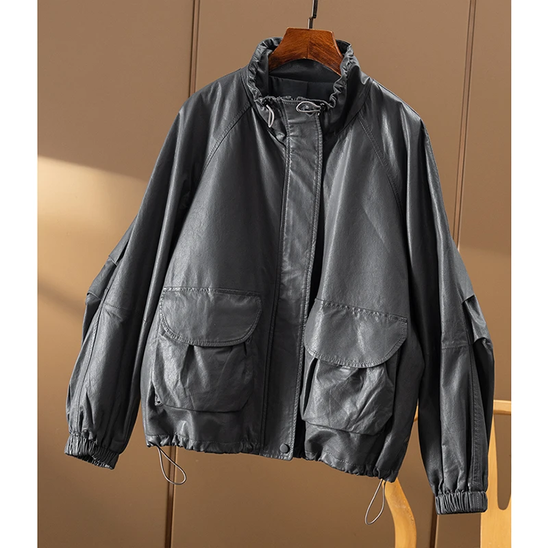 春天家 意D利柜W+ 奢宠水泥灰 纸感植糅羊皮皮衣夹克外套女1Z89