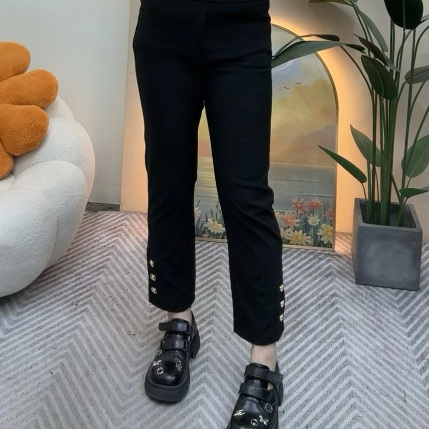小爽家^_^大码女装2025春季高腰弹力显瘦百搭裤脚装饰烟管黑裤