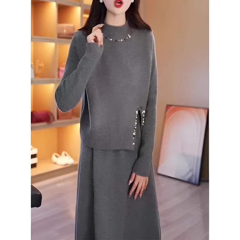 大码高级感针织马甲连衣裙女士秋冬季显瘦欧货气质毛衣两件套装裙