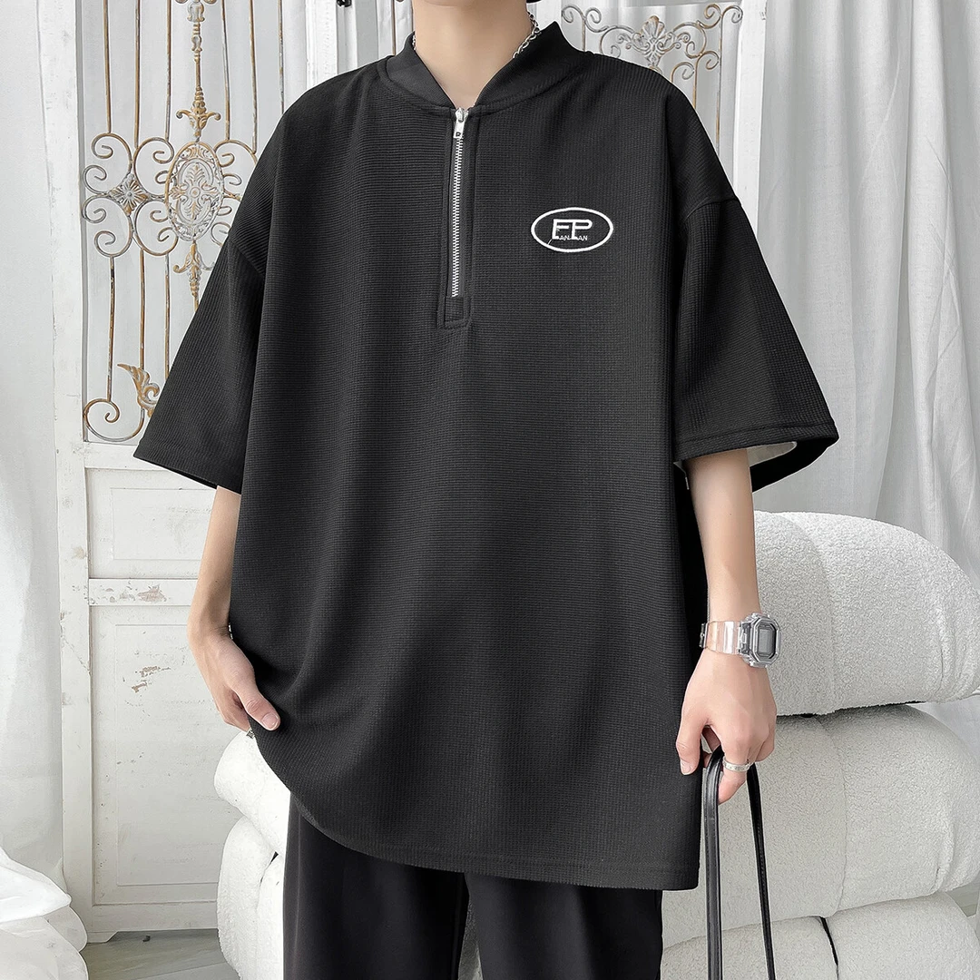 隐匿者港风潮流百搭半拉链设计短袖T恤男2025夏季新款大码半袖T恤