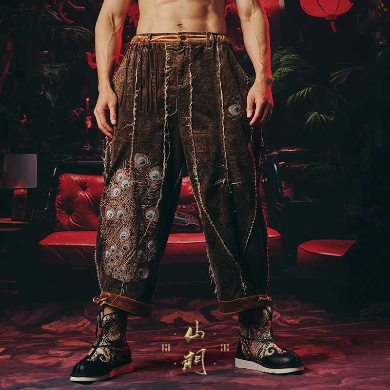 碧海潮生高端限定〓山门贰拾玖•孔雀翎〓中国风暗纹印花丝绒长裤